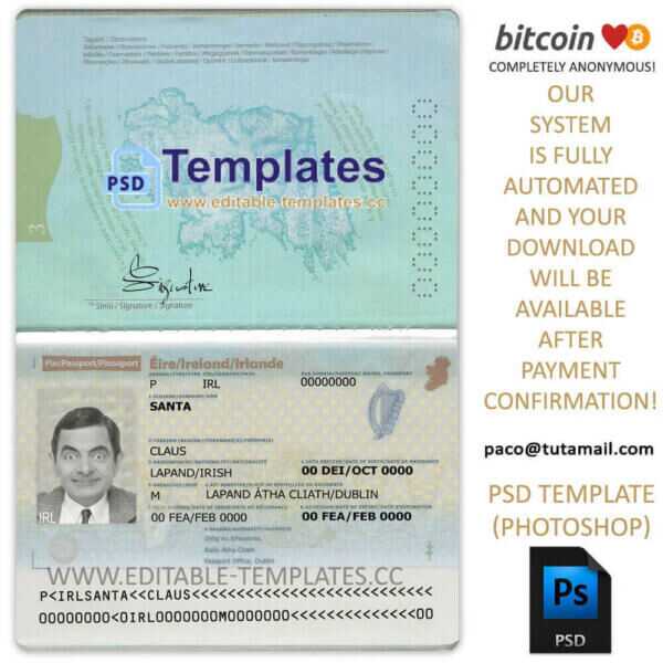 ireland passport template, editable in  photoshop. psd fake template, pay by bitcoin, paypal or card