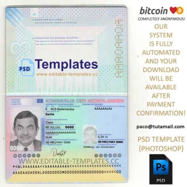 netherland passport template, editable in  photoshop. psd fake template, pay by bitcoin, paypal or card