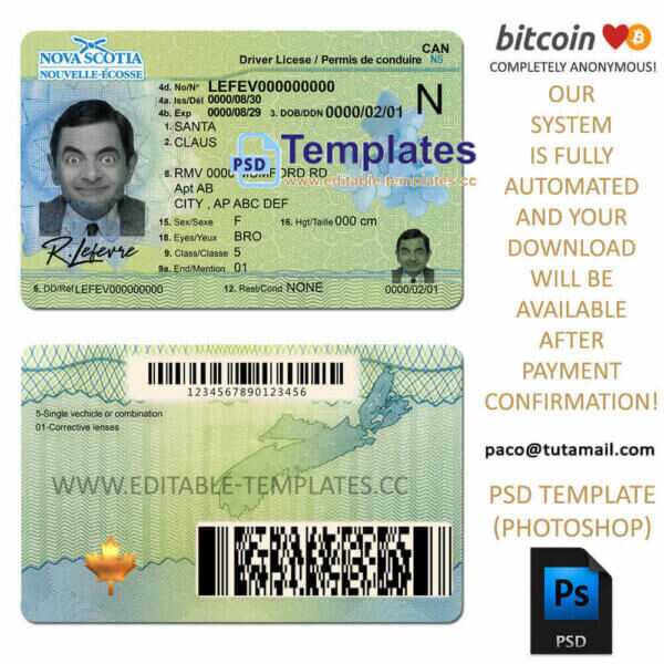 nova scotia driver licence template, editable in  photoshop. psd fake template, pay by bitcoin, paypal or card