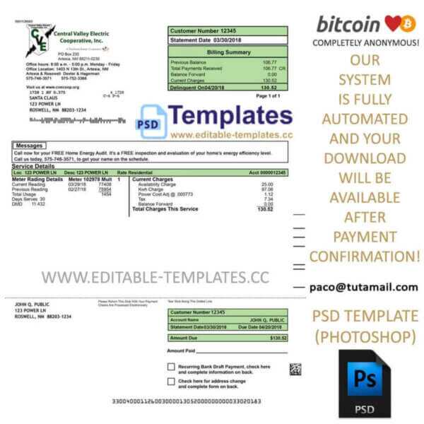 new mexico, central-valley, electric bill template, editable in  photoshop. psd fake template, pay by bitcoin, paypal or card